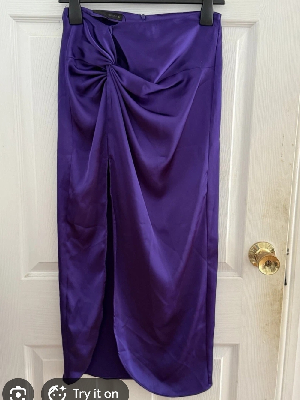 Zara Purple Satin Twist-Front Midi Skirt